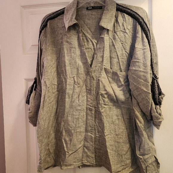 Zara Tops - Zara Gray Blouse Black and Silver Metallic Fabric Strip Sleeve Accent Large L